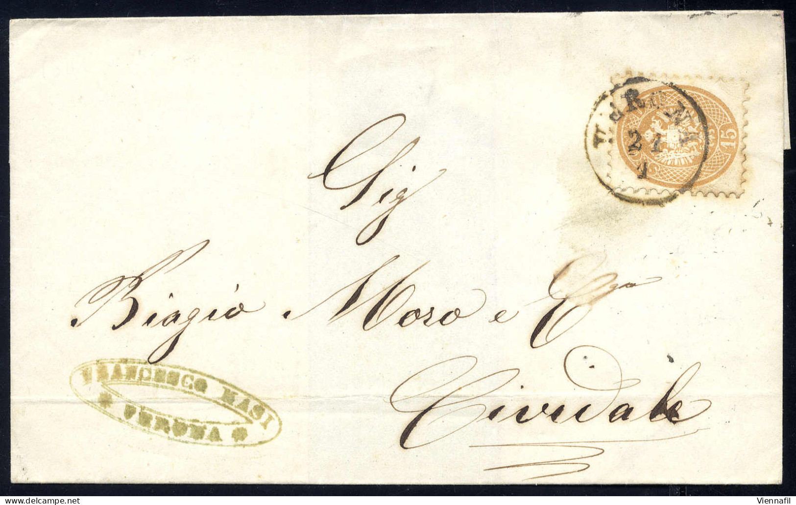 Cover 1864/65, 15 Soldi Bruno, Su Lettera Da Verona Il 21.1., Per Cividale (Sass. 45- ANK 23) - Lombardy-Venetia