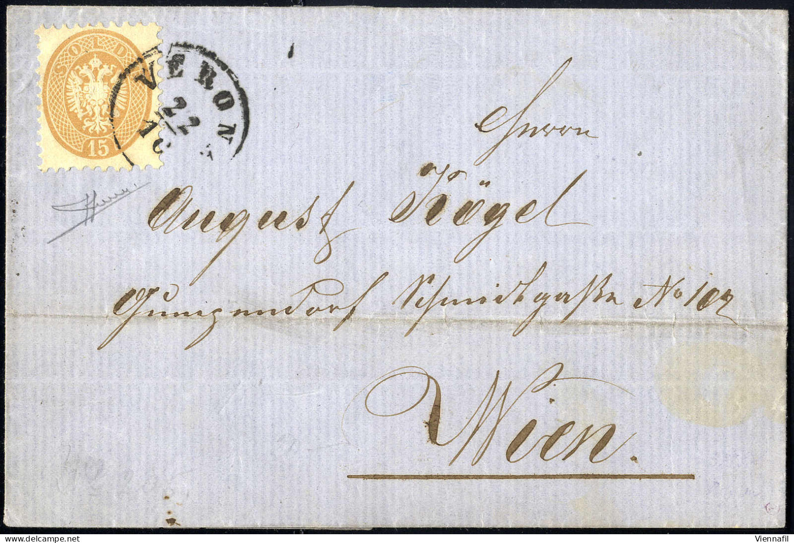 Cover 1864/65, 15 Soldi Bruno, Su Lettera Da Verona Il 22.10., Per Vienna (Austria) Firmata Sorani (Sass. 45- ANK 23) - Lombardo-Vénétie