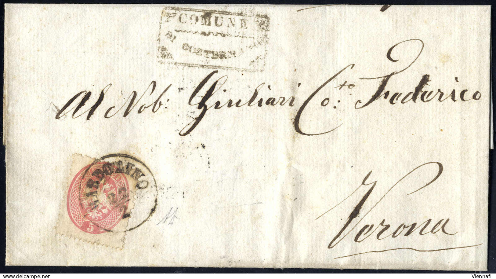 Cover "BARDOLINO 22 / 2", Annullo C1 Su 5 Soldi Rosa Su Lettera Per Verona, Firm. A. Diena (Sass. 38 - 6P.) - Lombardo-Vénétie