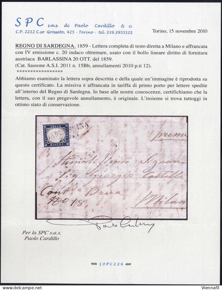 Cover "BARLASSINA", Lettera Del 20.10.1859 Da Barlassina Per Milano, Affrancata Con IV Emissione Di Sardegna 20 Cent. In - Lombardo-Venetien