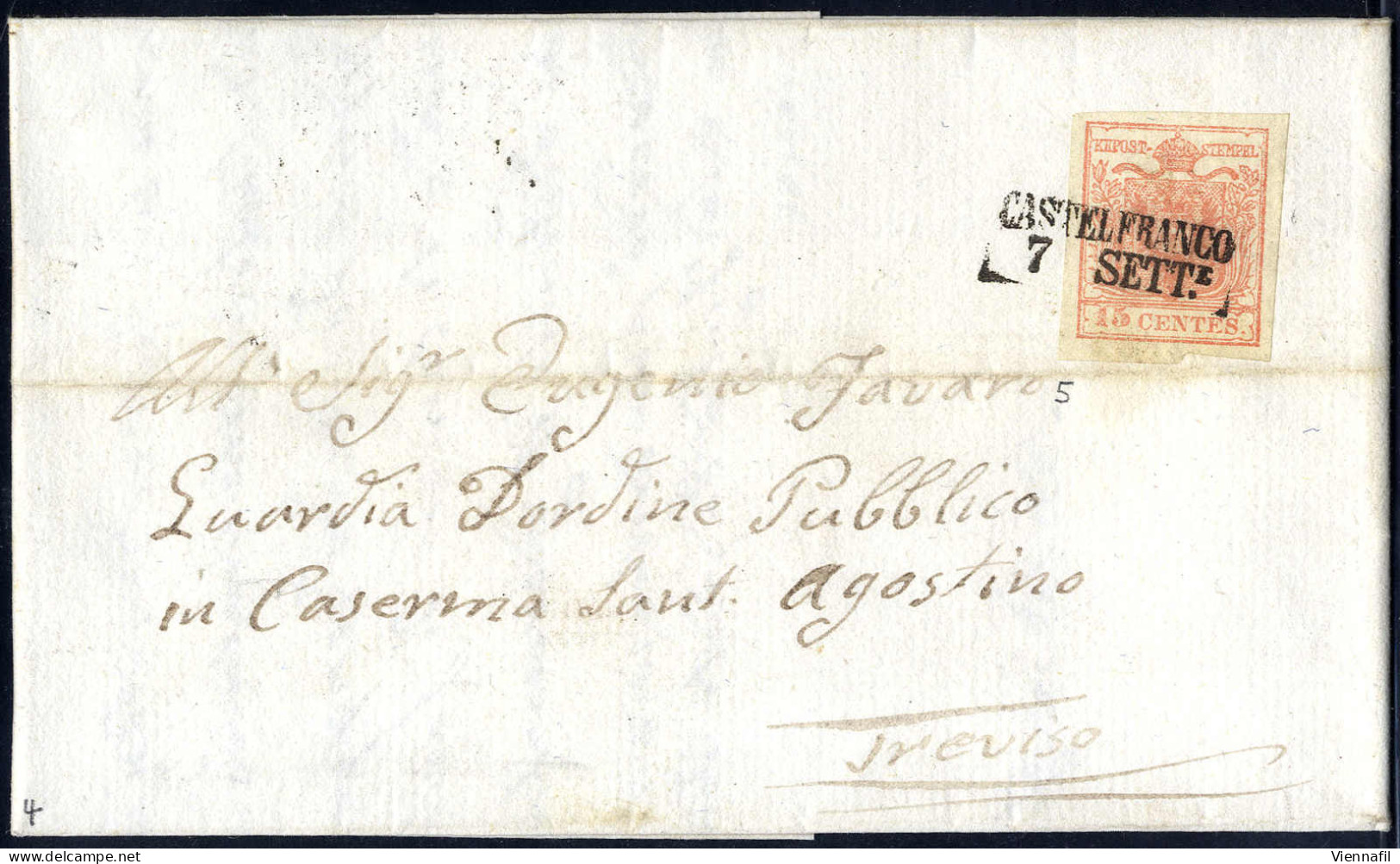 Cover "CASTELFRANCO / 7 SETT.E", Annullo SD Su 15 Cent. Rosa Su Lettera Per Treviso (Sass. 5 - 4P.) - Lombardo-Venetien