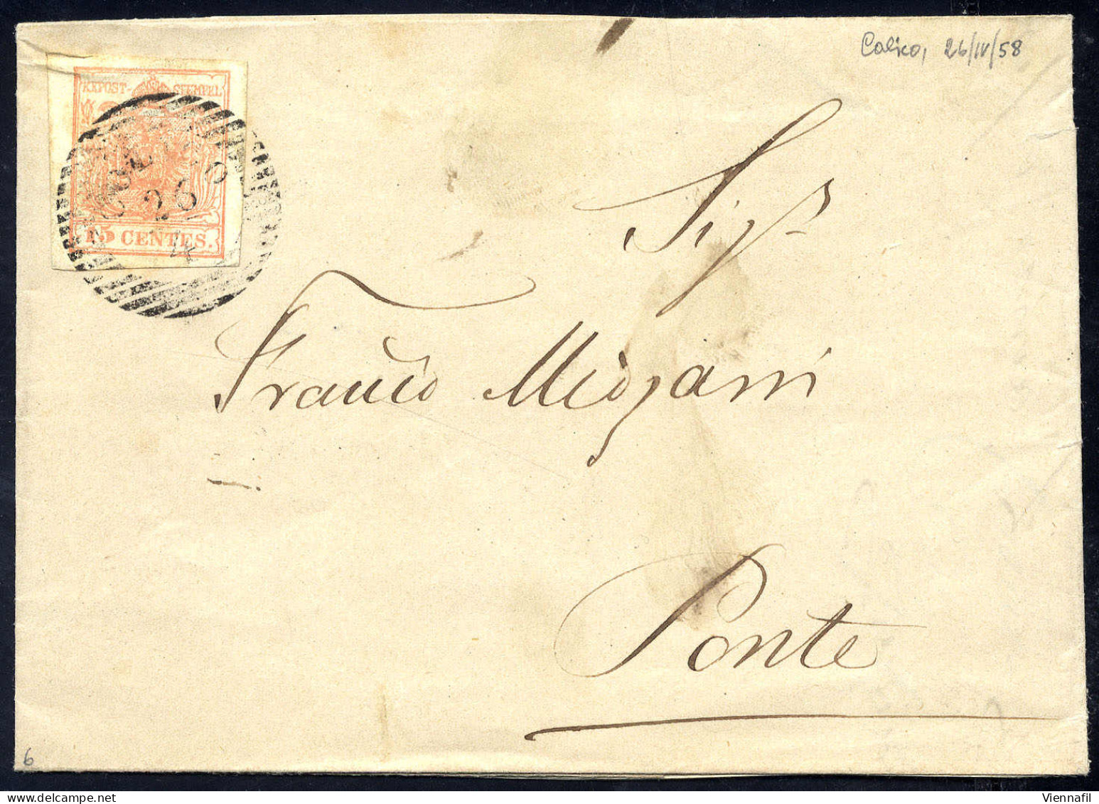 Cover "COLICO 26 / 4", Annullo LO Su 15 Cent., Carta A Macchina Su Lettera Per Ponte (Sass. 20 - 6P.) - Lombardo-Venetien