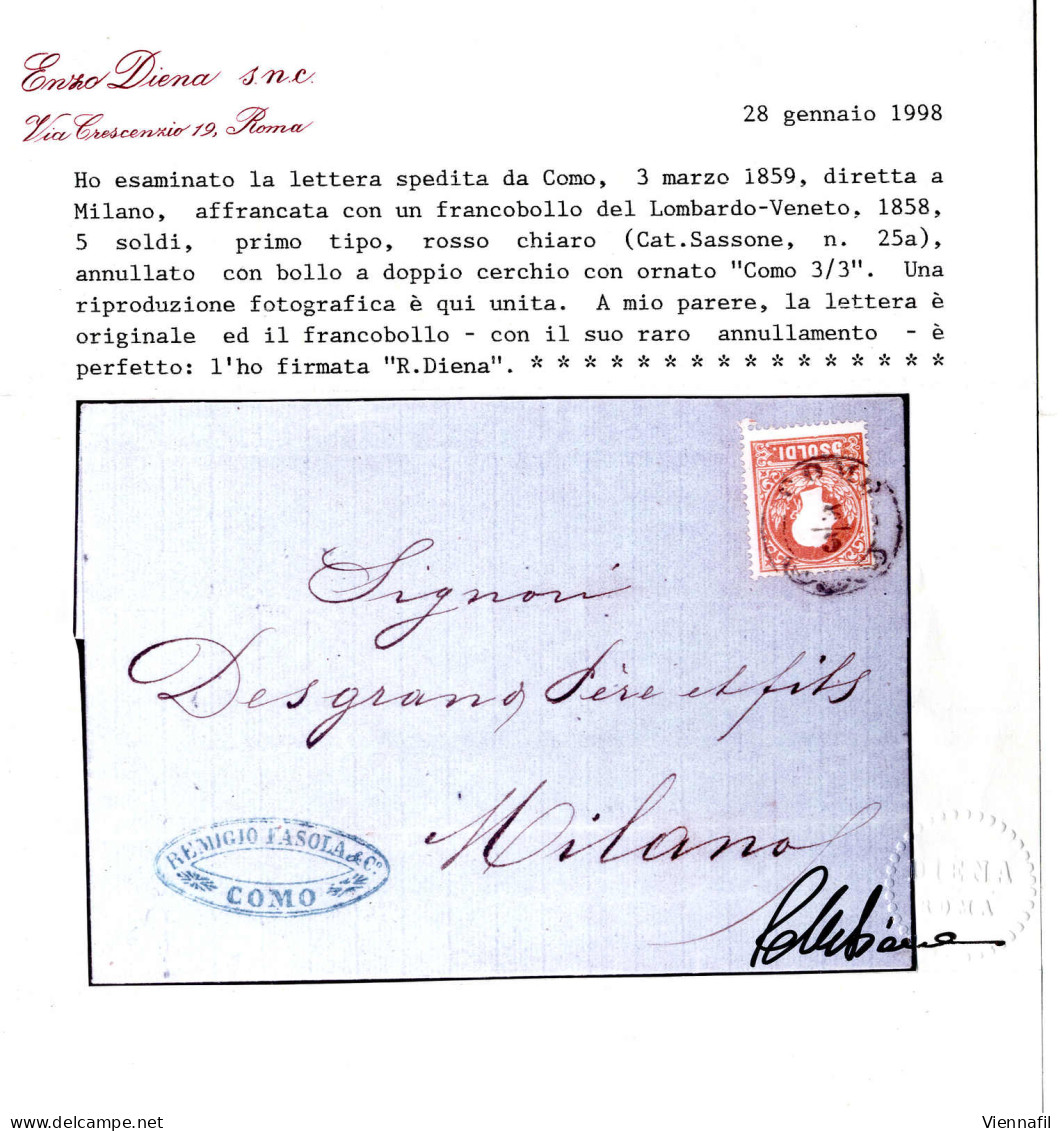 Cover "COMO 3 / 3", Annullo 2CO Su 5 Soldi Rosso Su Lettera Per Milano, Cert. Diena (Sass. 25a - 11P.) - Lombardo-Vénétie