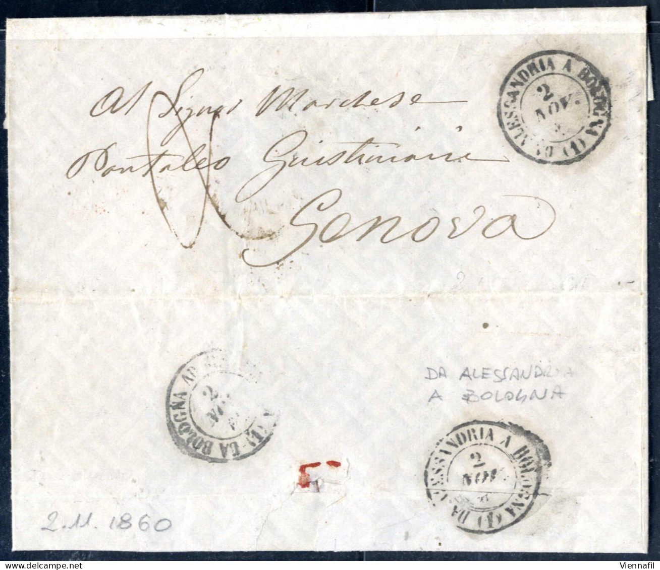 Cover "Da Bologna Ad Alessandria (2)" 1860, Due Lettere Della "strada Ferrata Da Alessandria-Bologna-Alessandria", 1) Af - Lombardo-Vénétie