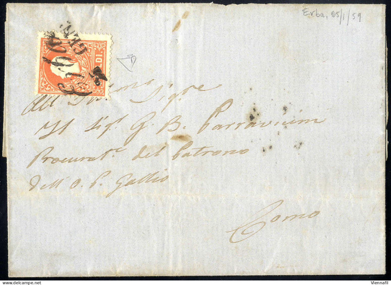 Cover "Erba / 25 GEN.", Annullo Corsivo Su 5 Soldi Rosso Su Lettera Per Como, Cert. E. Diena (Sass. 25 - 10P.) - Lombardo-Venetien