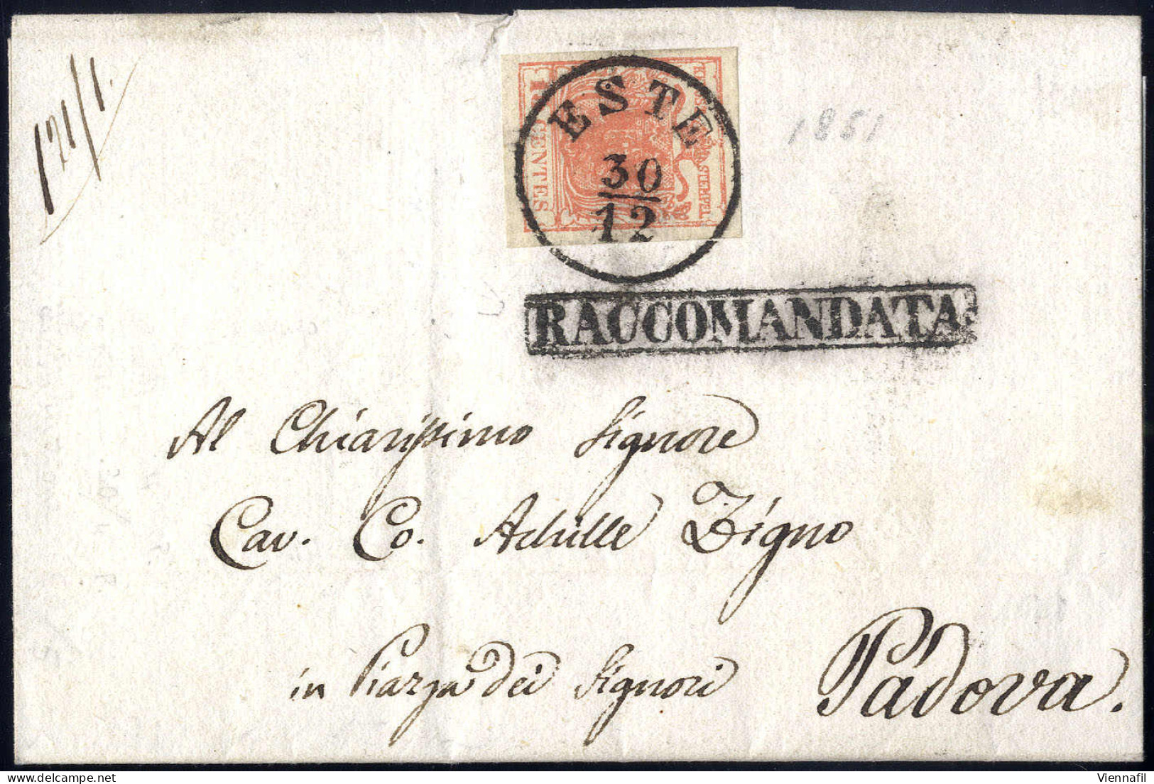 Cover "ESTE 30 / 12", Annullo C1 Su 15 Cent. Su Raccomandata Per Padova, Francobollo Della Raccomandazione Asportato Al  - Lombardo-Vénétie