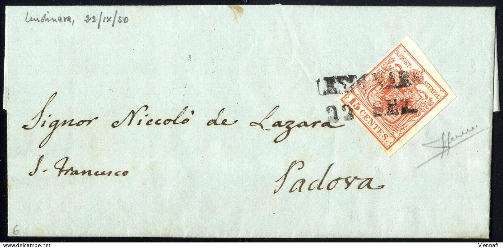 Cover "LENDINARA 22 / SET.", Annullo SD Su 15 Cent. Rosso Su Lettera Per Padova, Firm. Sorani (Sass. 3a - 6P.) - Lombardo-Venetien