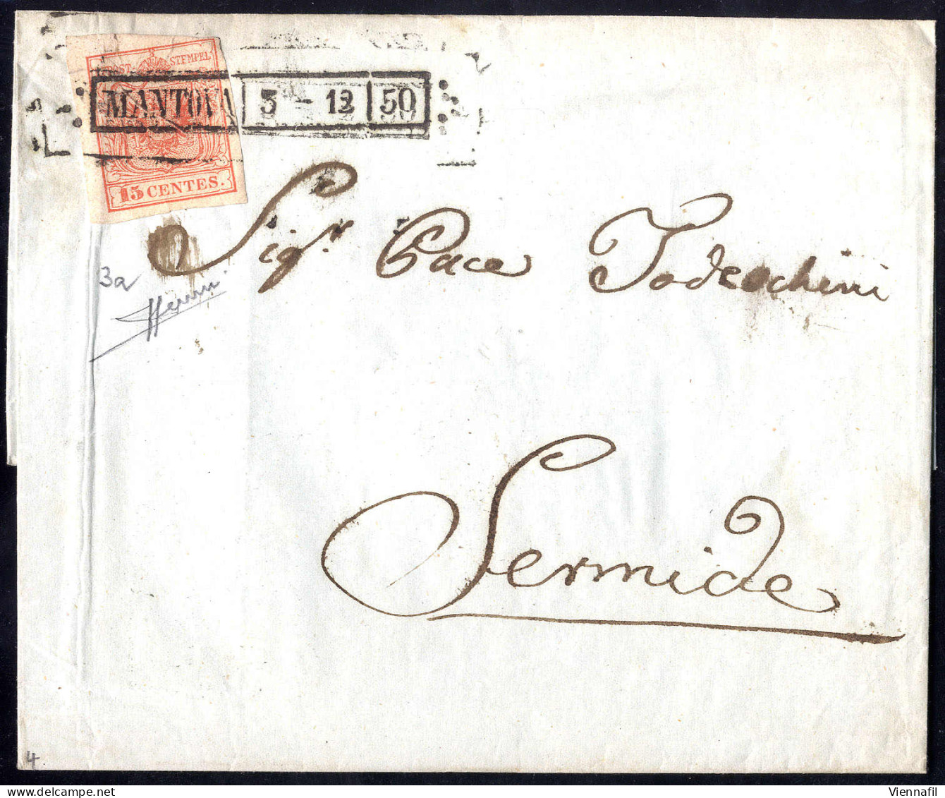 Cover "MANTOVA / 5 - 12 / 50", Annullo R50 Su 15 Cent. Rosso, Primo Tipo, Su Lettera Per Sermide, Firm. Sorani (Sass. 3a - Lombardy-Venetia