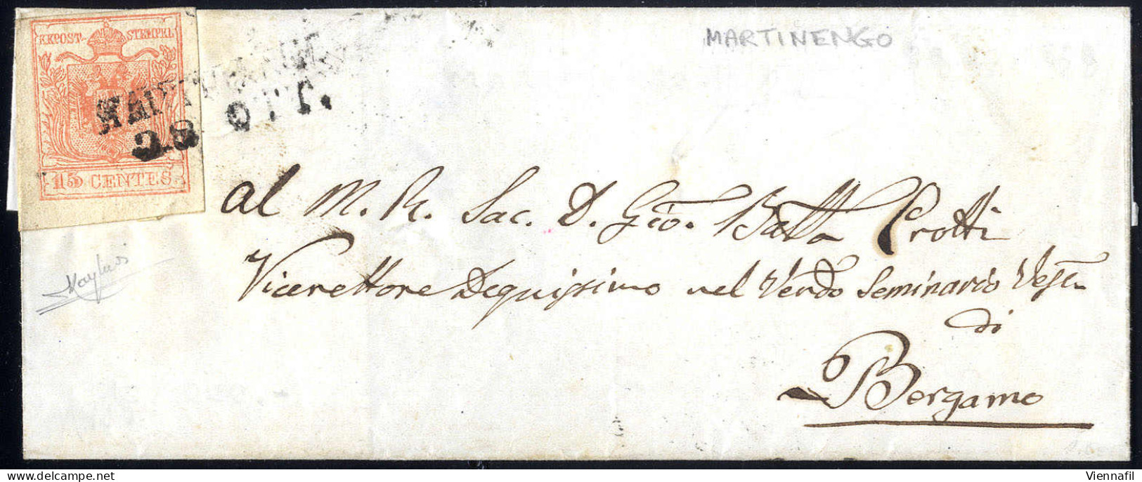 Cover "MARTINENGO / 28 OTT.", Annullo SD Su 15 Cent., Carta A Macchina, Su Lettera Per Bergamo, Spledida E Rara, Cert. R - Lombardo-Vénétie