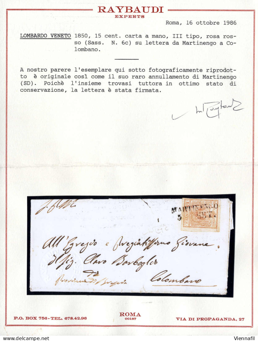 Cover "MARTINENGO / 5 SET.", Annullo SD Su 15 Cent. Rosa Rosso Su Lettera Per Colombano, Splendido E Raro, Cert. Raybaud - Lombardo-Vénétie