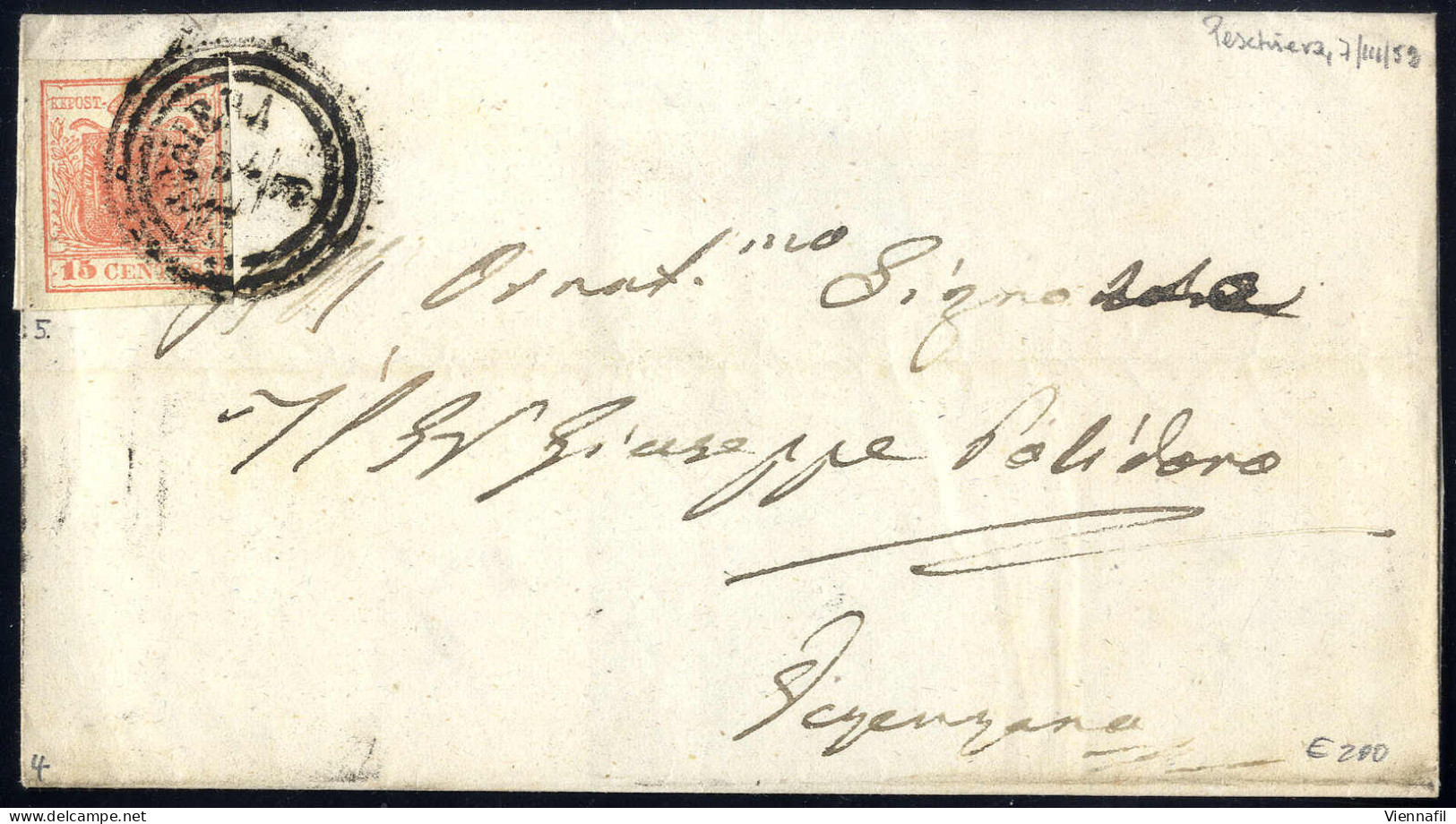 Cover "PESCHIERA 7 / 3", Annullo C3 Su 15 Cent. Rosa Su Lettera Per Verona (Sass. 5 - 4P.) - Lombardo-Vénétie