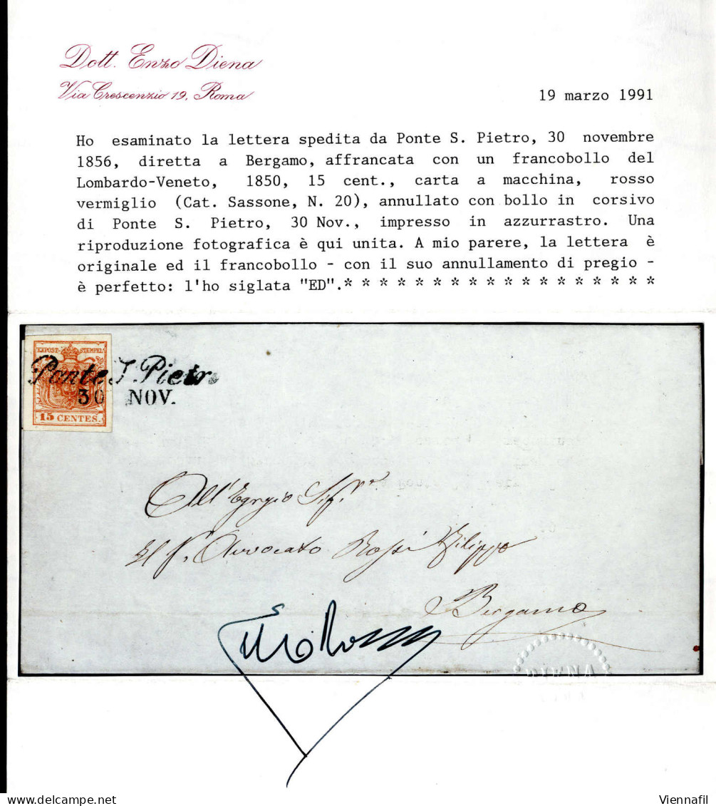 Cover "Ponte S. Pietro / 30 NOV.", Annullo Corsivo In "azzurrastro" Su 15 Cent., Carta A Macchina, Su Lettera Per Bergam - Lombardy-Venetia