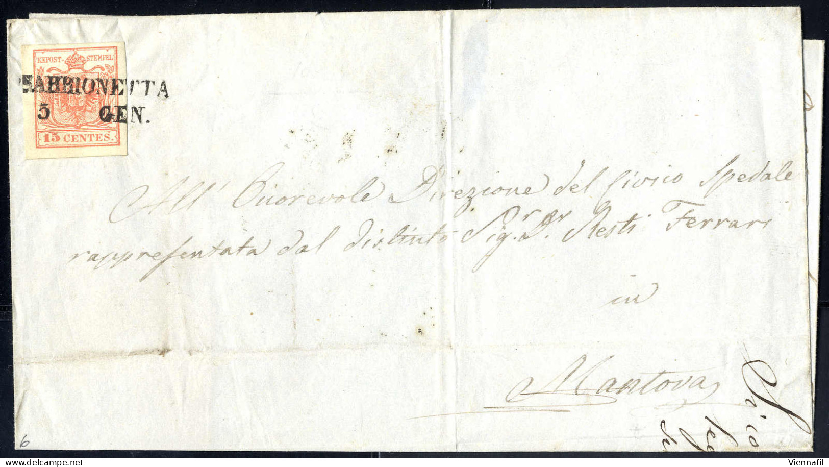 Cover "SABBIONETTA / 5 GEN.", Annullo SD Su 15 Cent., Carta A Macchina, Su Lettera Per Mantova (Sass. 20 - 6P.) - Lombardo-Venetien