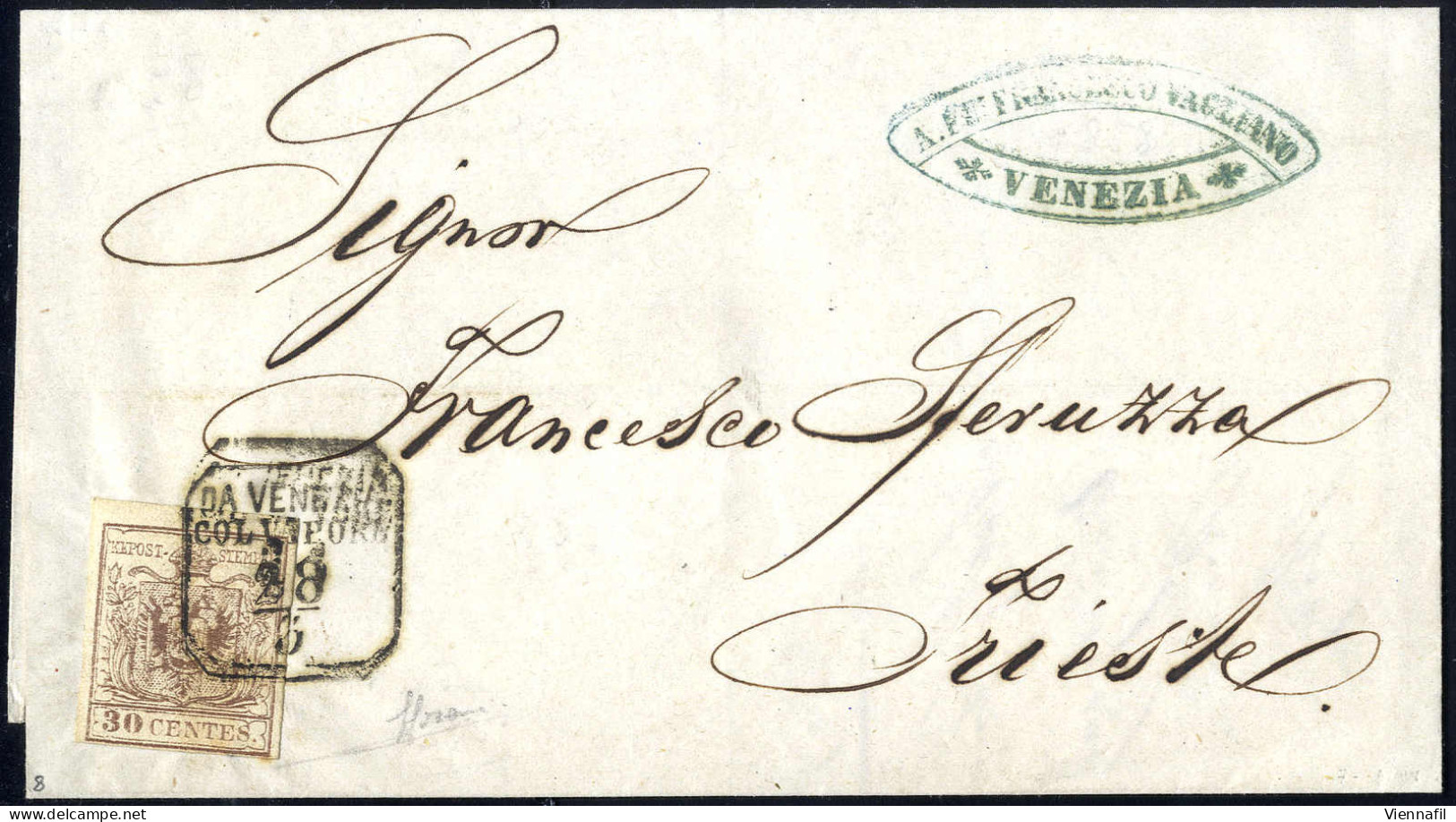 Cover "Venezia", "DA VENEZIA / COL VAPORE / 28 / 3", Annullo Marittimo Del II° Tipo Su 30 Cent., Carta A Macchina, Su Le - Lombardy-Venetia