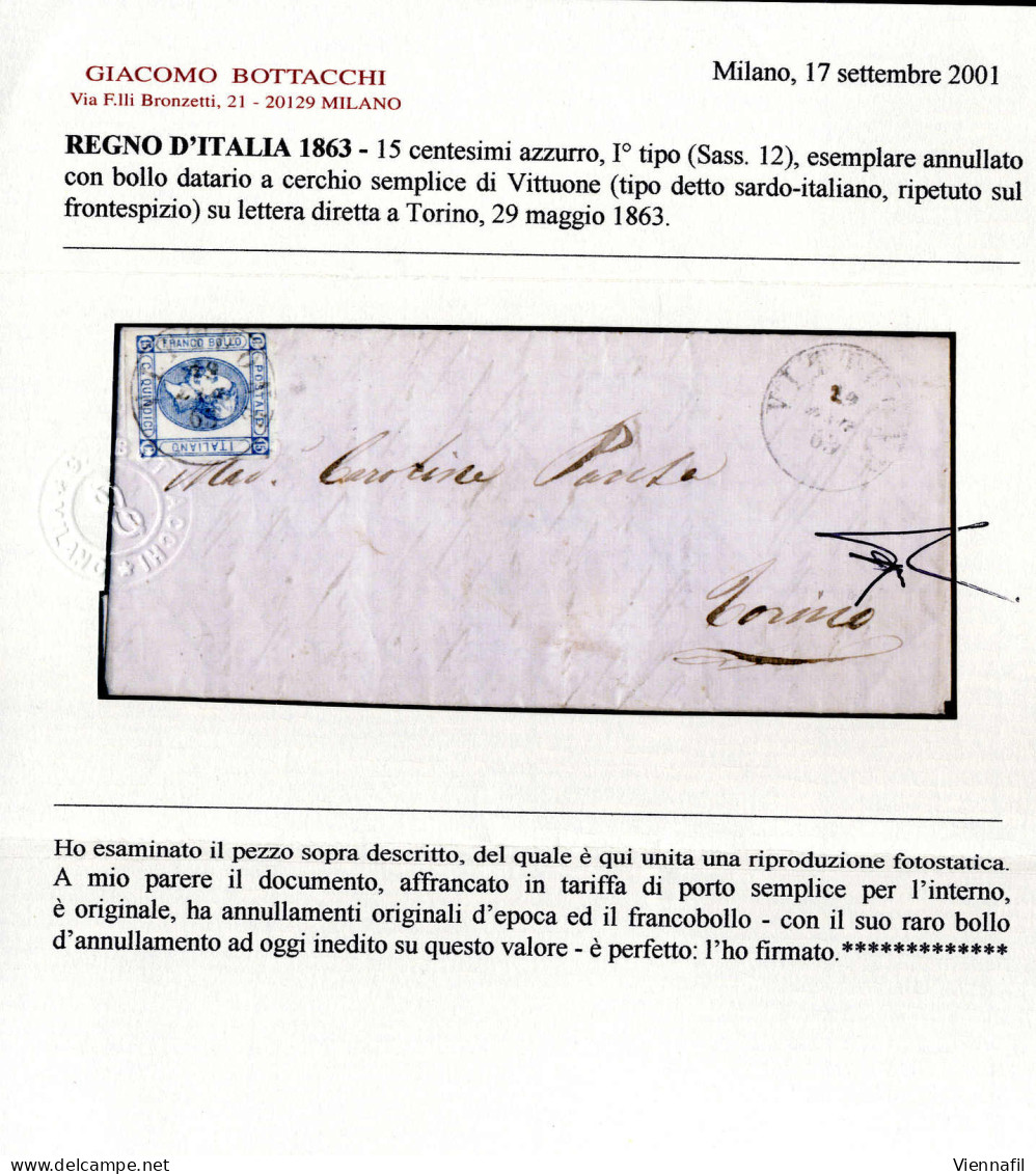 Cover "VITTUONE 29 / MAG / 63", Annullo "sardo - Italiano" Su 15 Cent. Litografico, Primo Tipo, Su Lettera Per Torino, S - Lombardy-Venetia