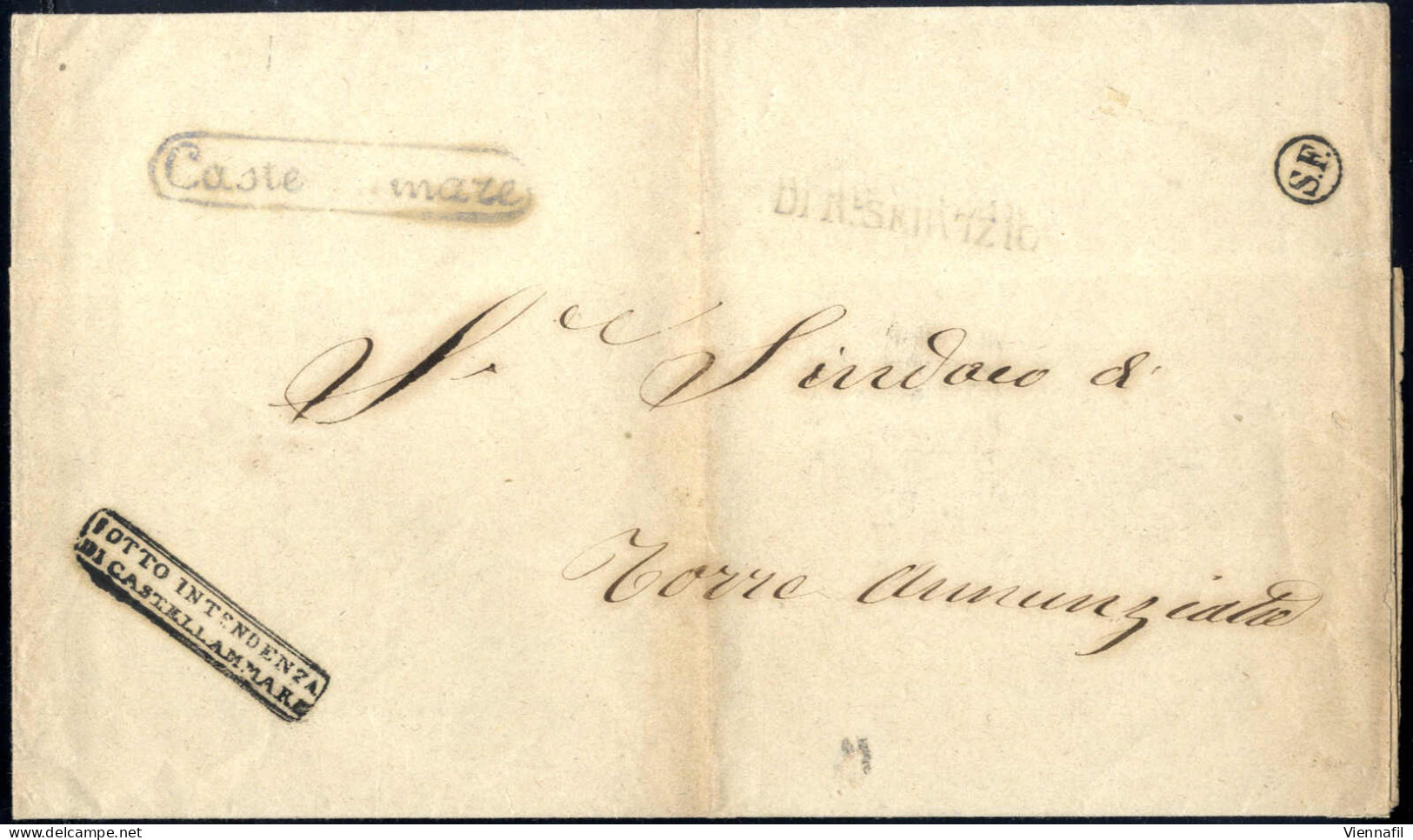 Cover 1858, Lettera Franchigia Da Castellamare Il 14.5 Per Torrannunziata, Sul Recto Ditale S.F. Nero, Annullo Delle Sta - Neapel