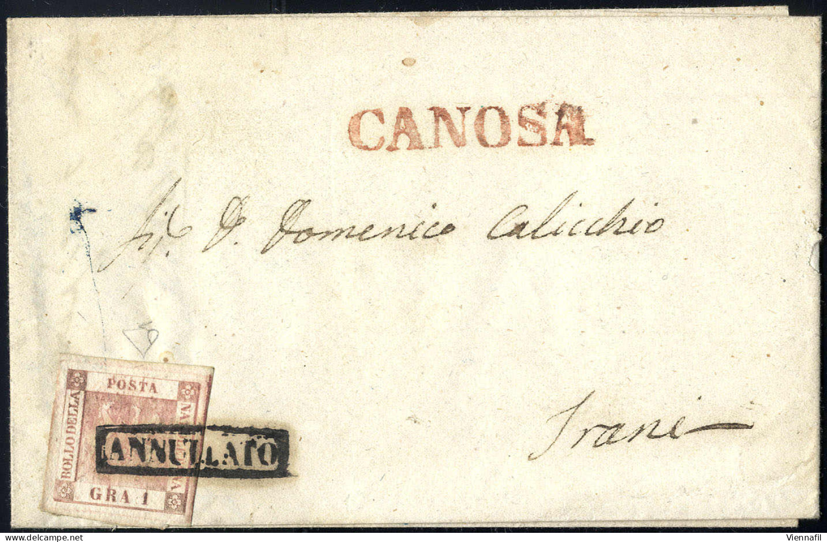 Cover 1858, "Incisione Doppia", 1 Gr. Rosa Carminio Su Lettera Del 23.2.1858 Per Trani, Annullo Rosso "CANOSA" Sul Front - Naples