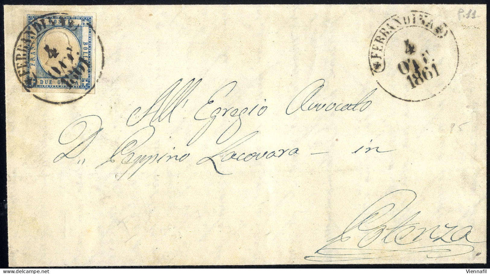 Cover 1861, Lettera Del 4.10.1861 Da Ferrandina A Potenza, Affrancata Con Province Napoletane 2 Grana Azzurro, Grandi Ma - Naples