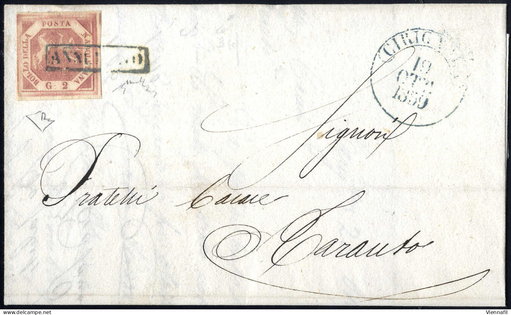 Cover "Cirignola", Lettera Del 8.10.1859 Per Taranto Affrancata Con 2 Gr. Rosa Carminio, I Tavola, Francobollo Annullato - Nápoles