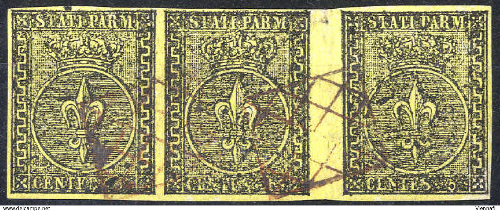 O 1852, 5 Cent. Giallo, Striscia Di Tre Orizzontale Con "interspazio Di Gruppo", Usata, Buoni Margini, Splendida E Rara, - Parme