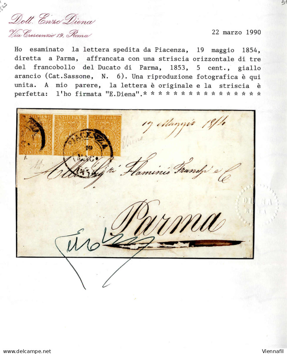 Cover 1854, Lettera Da Piacenza Del 19.5. Per Parma Affrancata Con Striscia Orizzontale Di Tre Del 5 C. Giallo, Certific - Parma