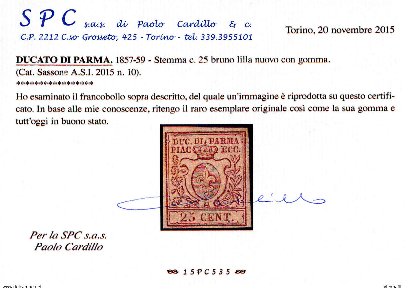 * 1857/59, 25 Cent. Bruno Lilla, Cert. Cardillo (S. 10 / 1400,-) - Parme