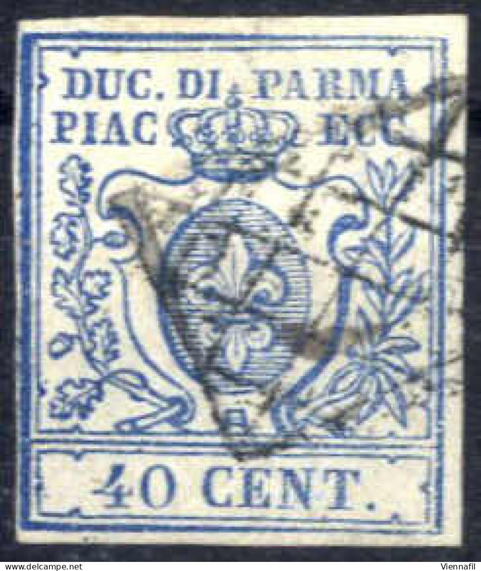 O 1857, 40 C. Azzurro Del I Tipo, Zero Largo, Cert. Raybaudi, Sass. 11 / 1100,- - Parma