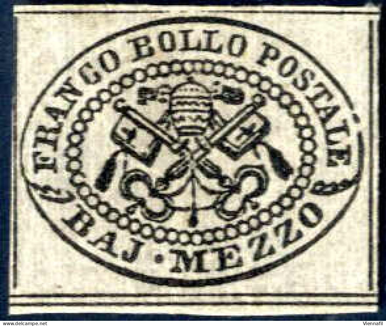 (*) 1852, 1/2 Baj. Grigio Ben Marginato, Senza Gomma (Sass. 1, € 375). - Papal States