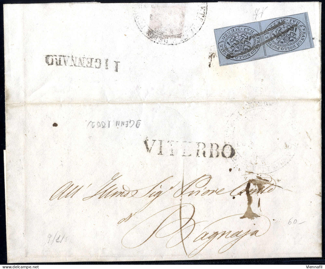 Cover 1852, ½ Baj. Grigio, Coppia Al Verso Di Lettera Da Viterbo 9.1.1852 Per Bagnaja, Nono Giorno D' Uso, Firm. A. Dien - Etats Pontificaux