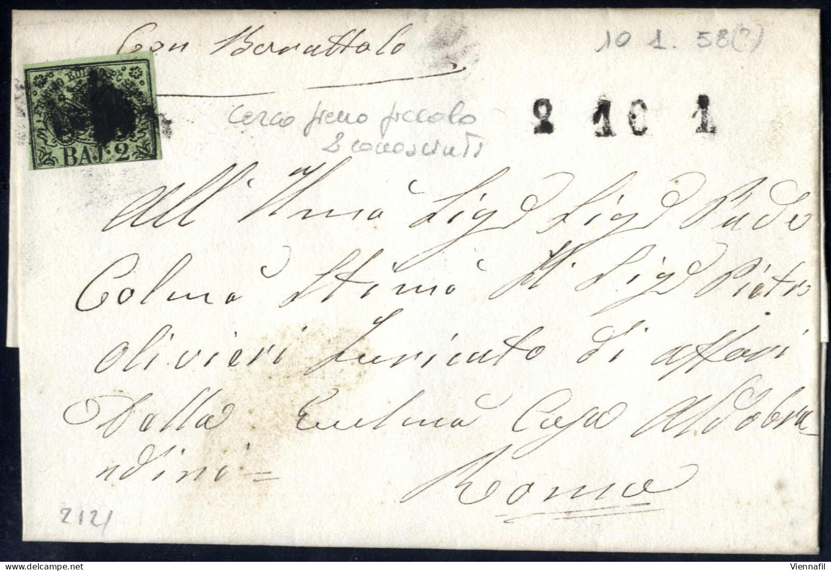 Cover 1857, Lettera Da Frascati Il 10.1 Per Roma Affrancata Con 2 B. Verde Oliva Annullato Con Cerchio Piccolo Pieno (Mu - Etats Pontificaux