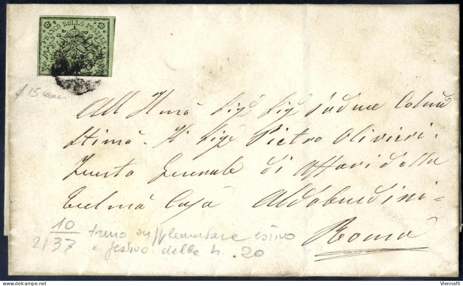 Cover 1857, Lettera Da Frascati Per Roma Affrancata Con 2 B. Verde Oliva Annullato Con Cerchio Con Segmenti Concetrici ( - Estados Pontificados