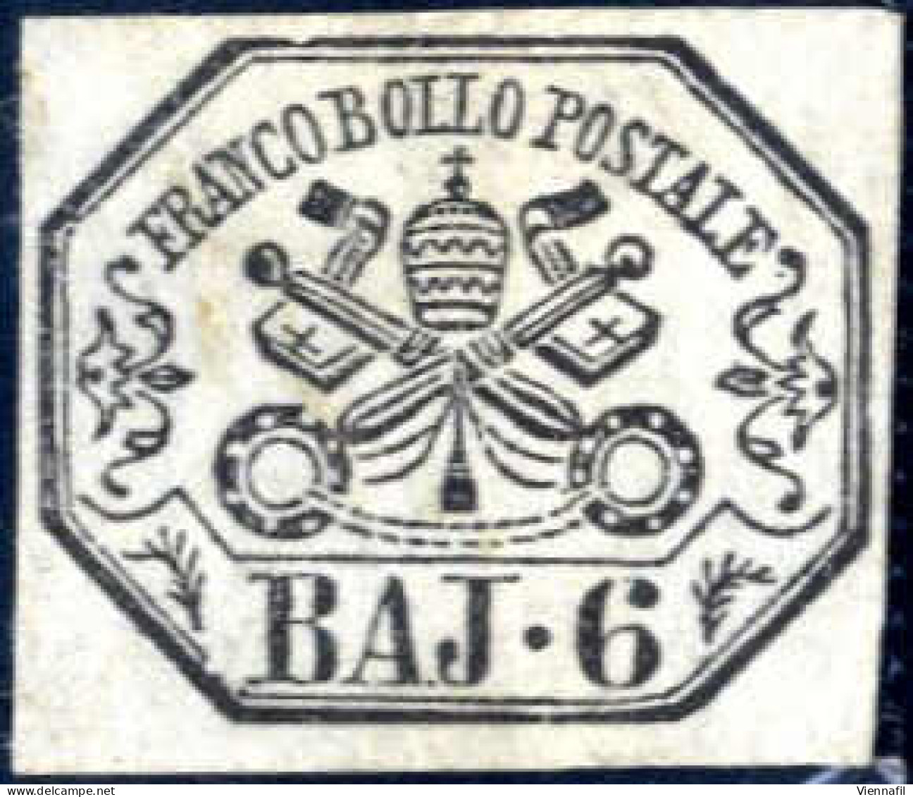 (*) 1852, 6 Baj. Grigio Verdastro, Ben Marginato, Nuovo Senza Gomma (Sass. 7, € 625). - Estados Pontificados