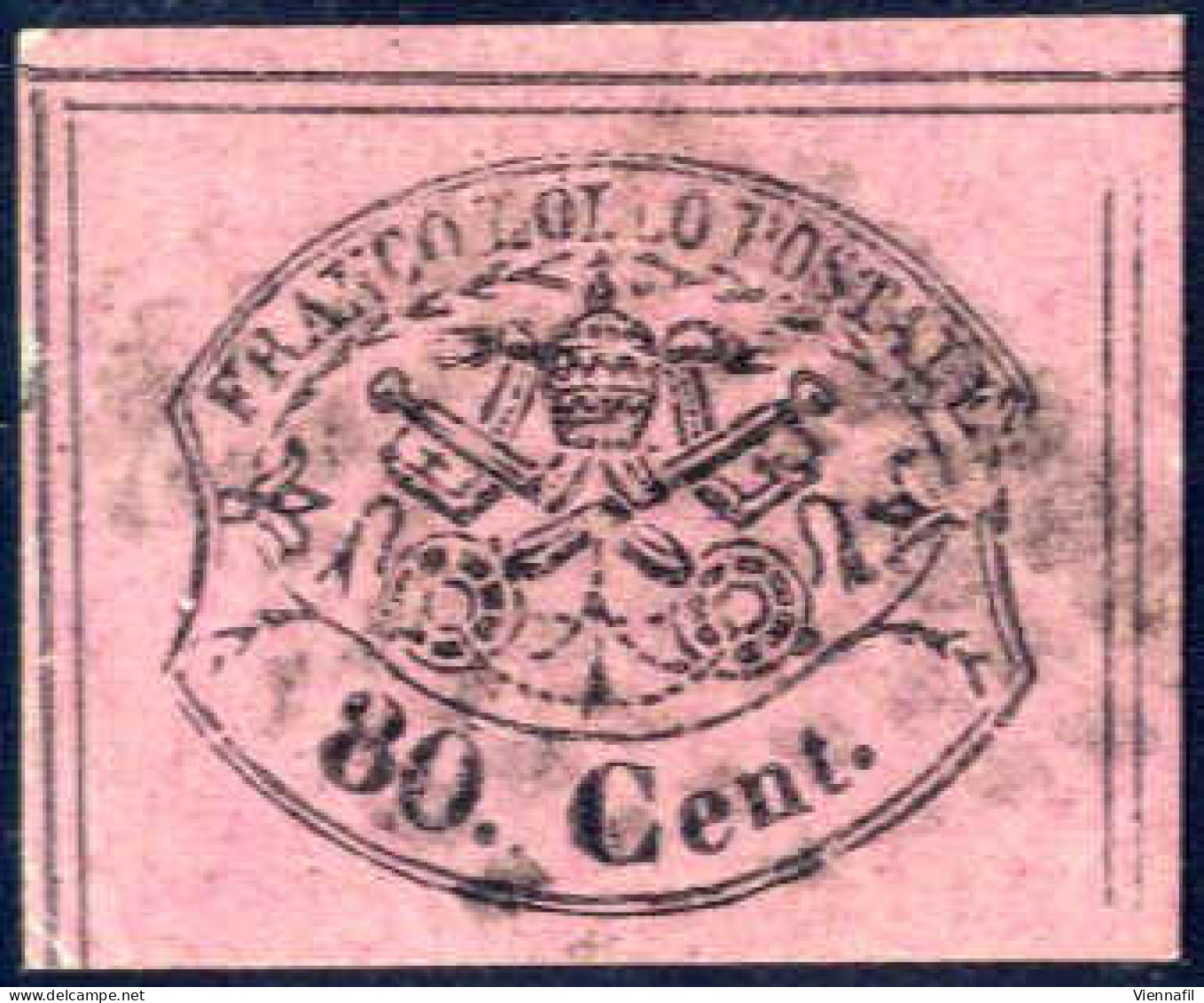 O 1867, 80 C. Rosa Lillaceo Usato, Tre Margini Molto Ampi, Leggermente Toccato In Basso, Firmato AD (Sass. 20, € 850). - Etats Pontificaux