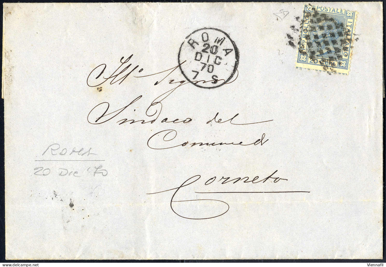 Cover 1870, Lettera Del 20.12.1870 Da Roma Per Corneto, Affrancata Con VE II. 20 Cent. Azzurro, Ben Dentellato, Molto De - Kirchenstaaten