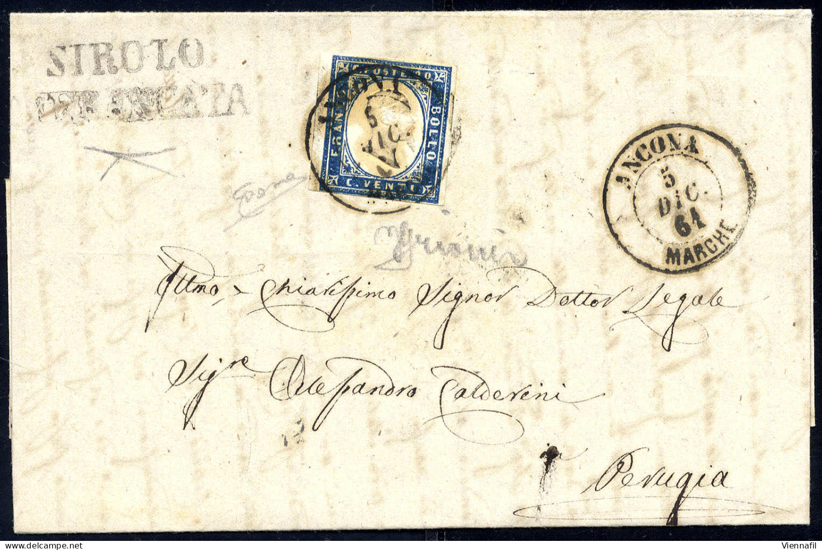 Cover "Sirolo Affrancata", Punti R2 Su Lettera Da Ancona Il 5.12.61 Per Perugia Affrancata Con 20 C. Della IV Di Sardegn - Etats Pontificaux