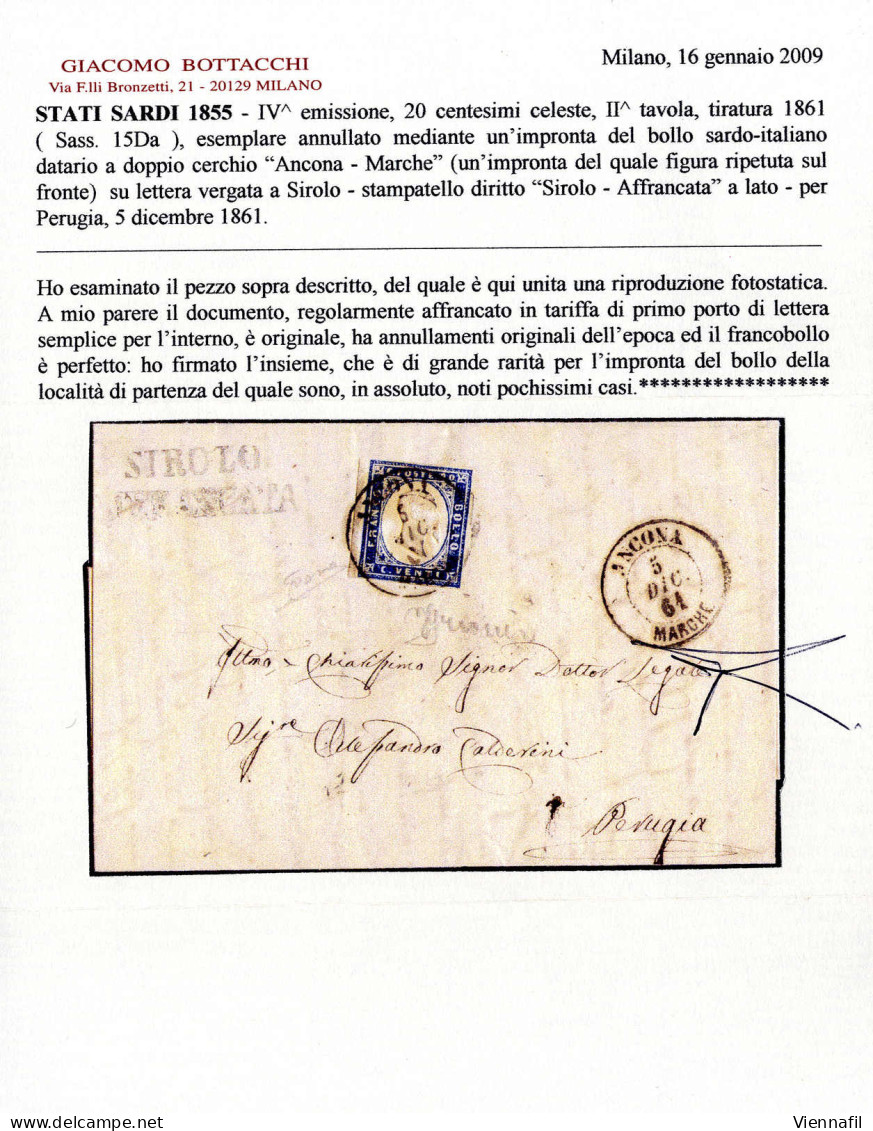 Cover "Sirolo Affrancata", Punti R2 Su Lettera Da Ancona Il 5.12.61 Per Perugia Affrancata Con 20 C. Della IV Di Sardegn - Papal States