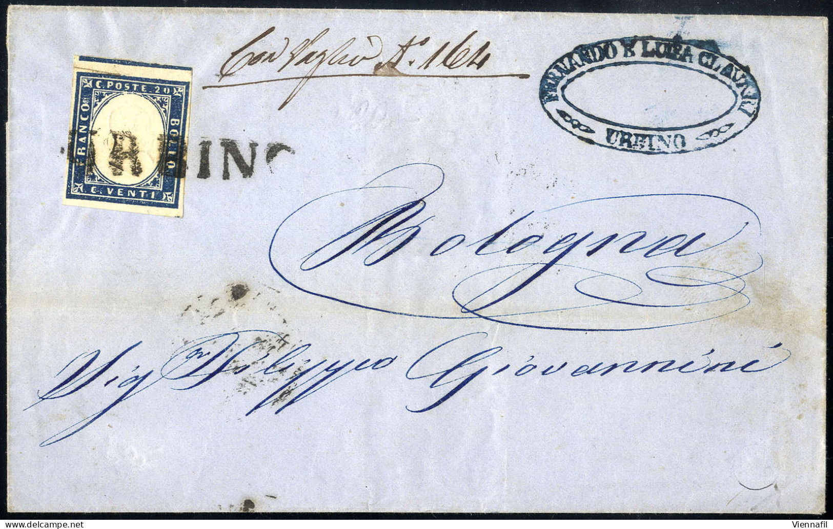 Cover "URBINO", Annullo SD Su 20 Cent. Sardegna Su Lettera Del 10.2.1861 Per Bologna, Splendida (Sass. 11P.) - Stato Pontificio