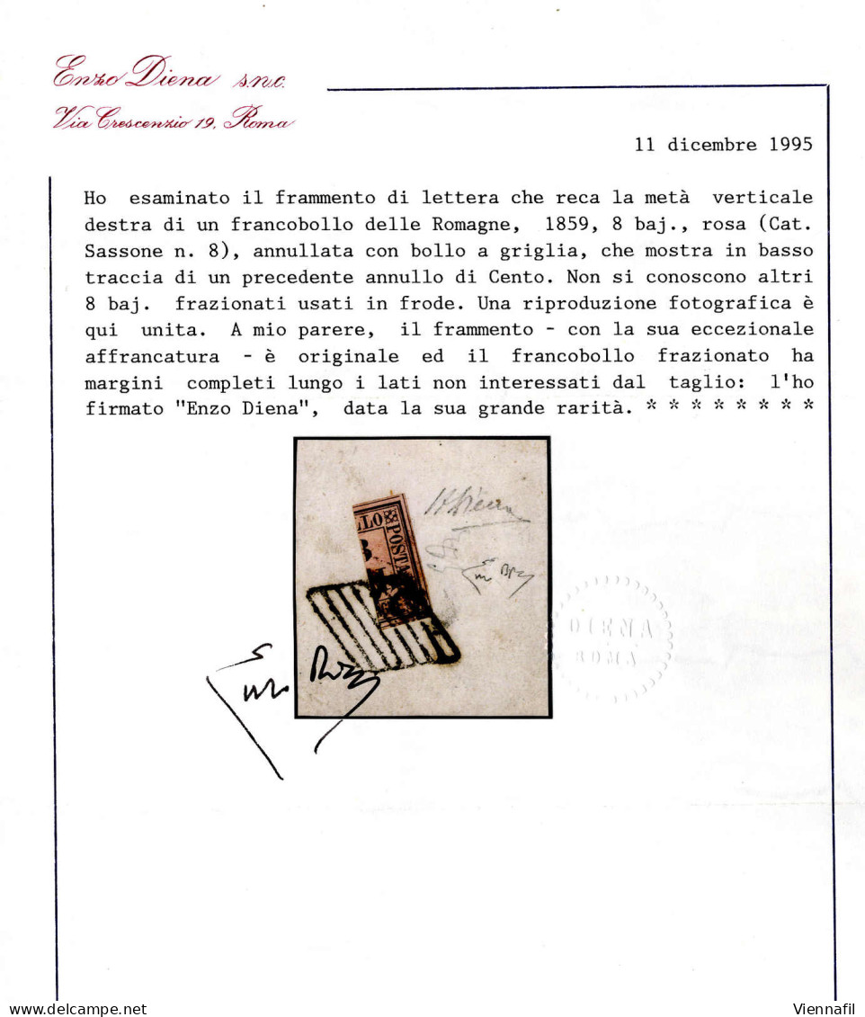 Piece 1859, Frammento Di Lettera Con La Metà Verticale Destra Di Un Francobollo Da 8 Baj. Rosa Annullato Con Bollo A Gri - Romagne