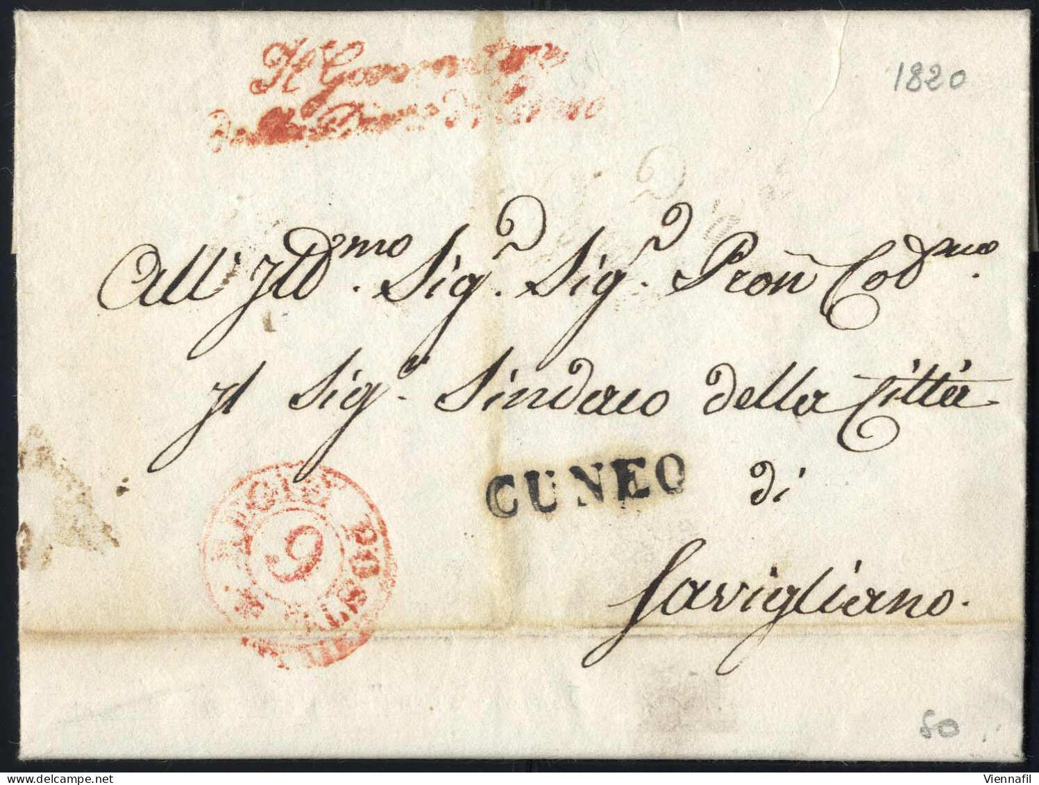 Cover 1820, Lettera In Franchigia Da Cuneo Il 19.9 Per Savigliano, Bollo Rosso REGIE POSTE 9, Bollo Lineare Nero CUNEO - Sardaigne