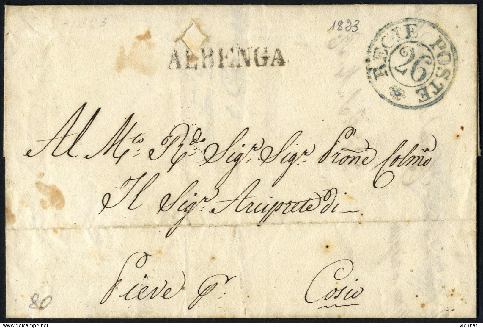 Cover 1822, Lettera In Franchigia Da Albenga Il 7.9 Per Cosio, Bollo Neroblu REGIE POSTE 26, Lineare Nero ALBENGA - Sardinia