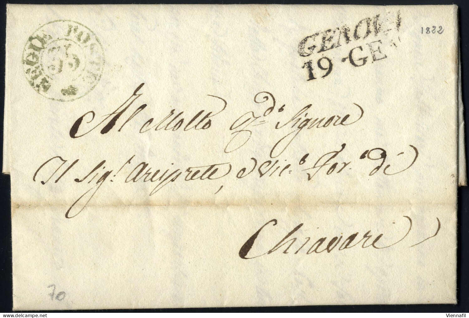 Cover 1822, Lettera In Franchigia Da Genova Il 19.1 Per Chivari, Bollo Neroverde REGIE POSTE 35, Lineare Nero GENOVA/19. - Sardegna