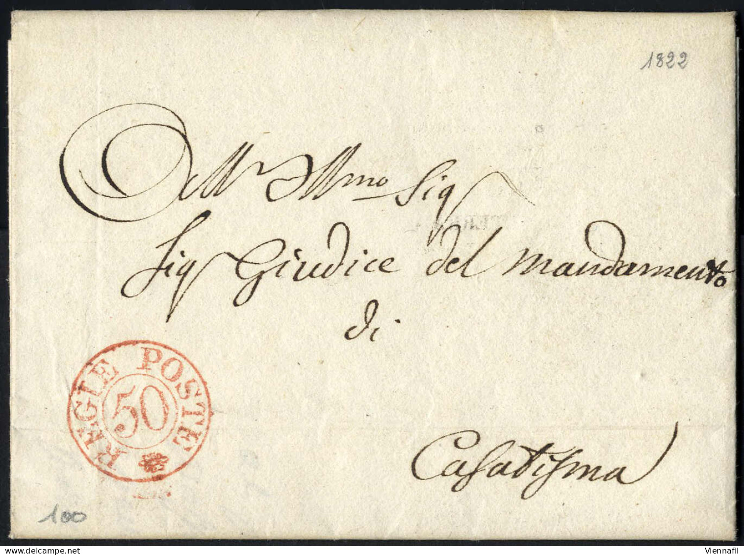 Cover 1822, Lettera In Franchigia Da Novara Il 12.12 Per Casatisma, Bollo Rosso REGIE POSTE 50 - Sardinien