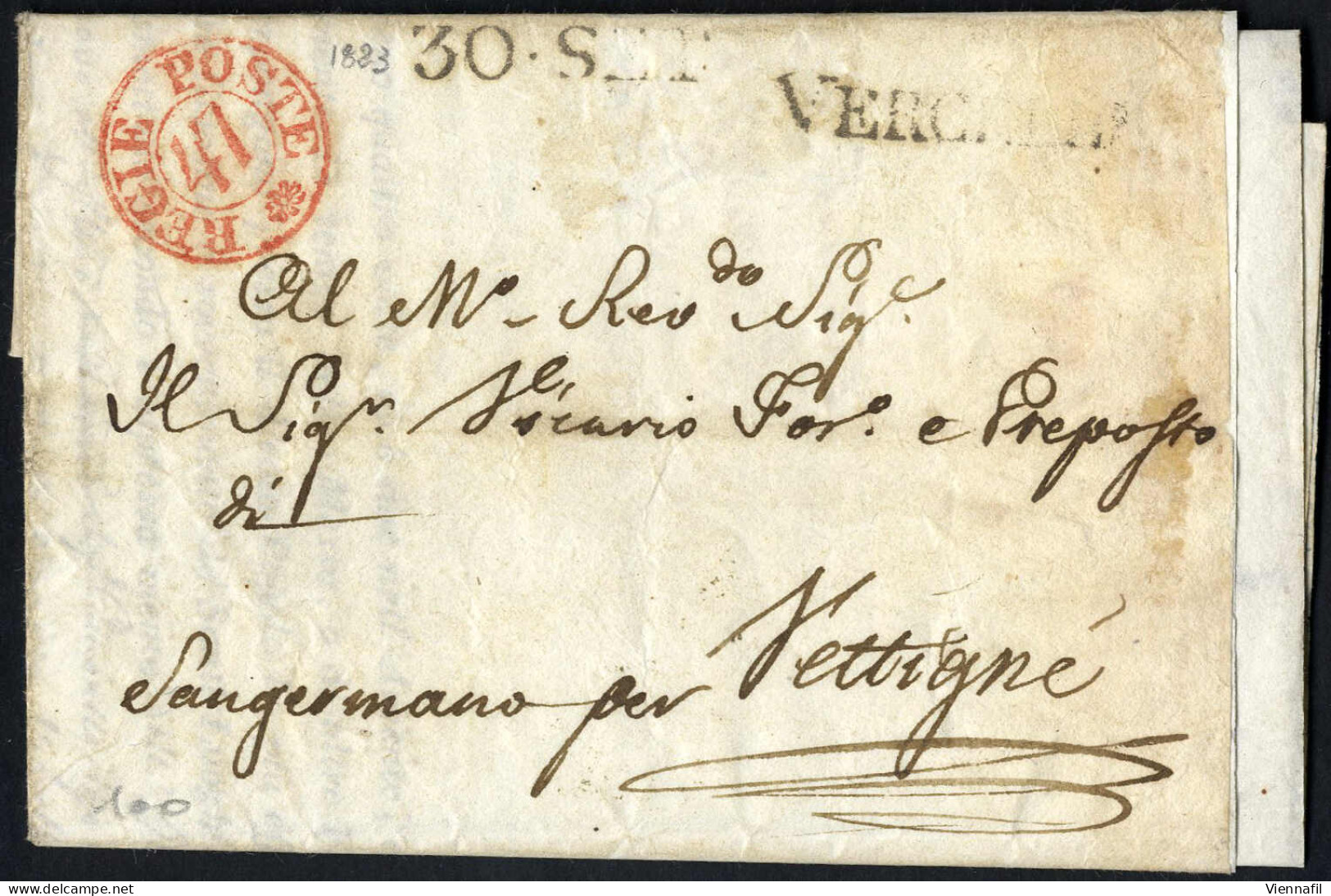 Cover 1823, Lettera In Franchigia Da Vercelli Il 30.9 Per Vettigne, Bollo Rosso REGIE POSTE 47, Lineare VERCELLI E 30. S - Sardinien