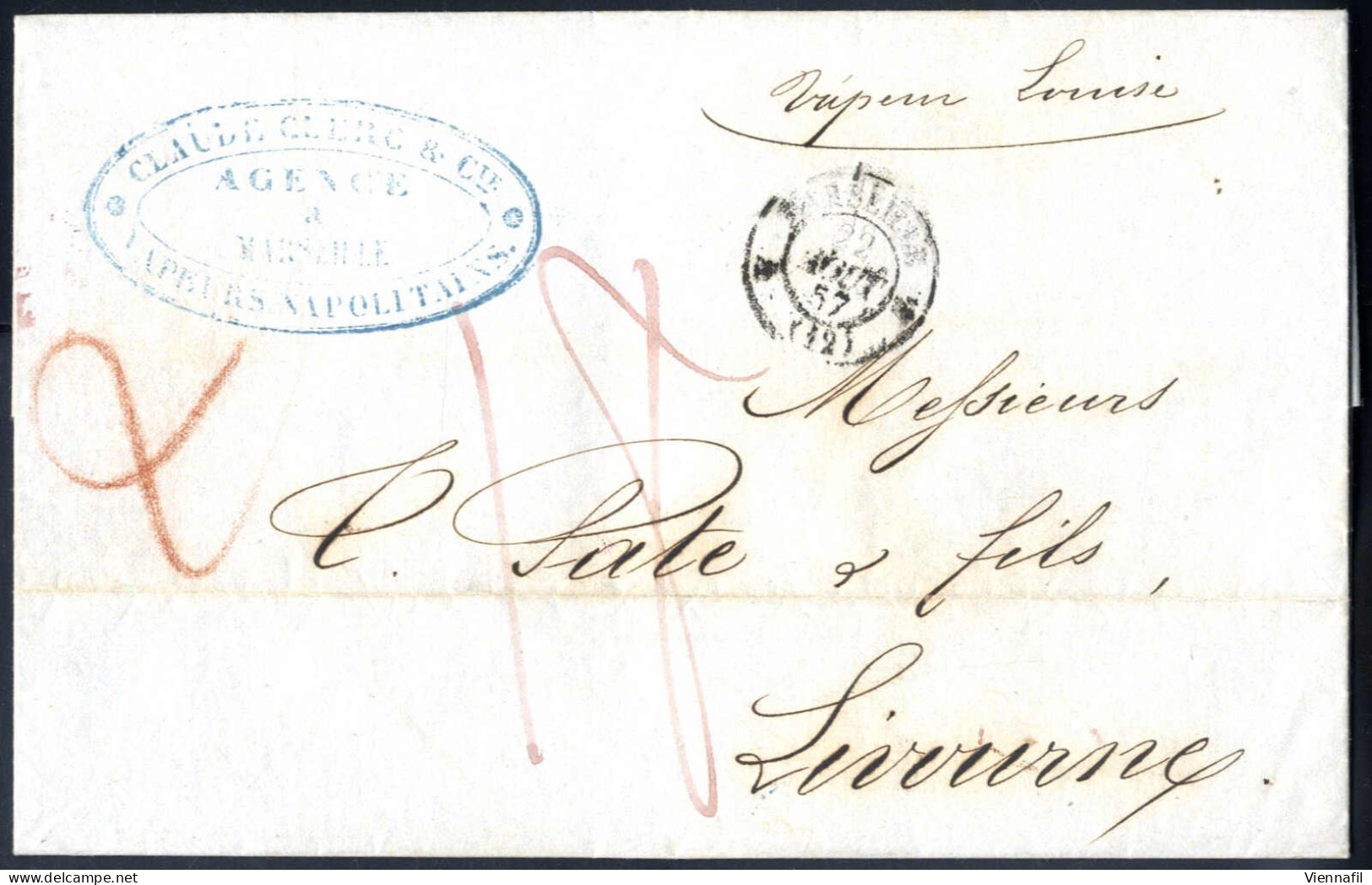 Cover 1857, Lettera Da Marsiglia Col Vapore "Louise" Il 22.8 Per Livorno, Timbro Dell'agenzia Dei Vapori Napoletani - Sardaigne
