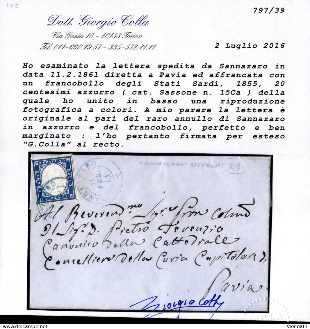 Cover "SANNAZZARO/* 11 FEB.61", (dc Azzurro - Punti R1) - Lettera Con C.20 Azzurro (15Ca) Ben Marginato Per Pavia, Cert. - Sardinien