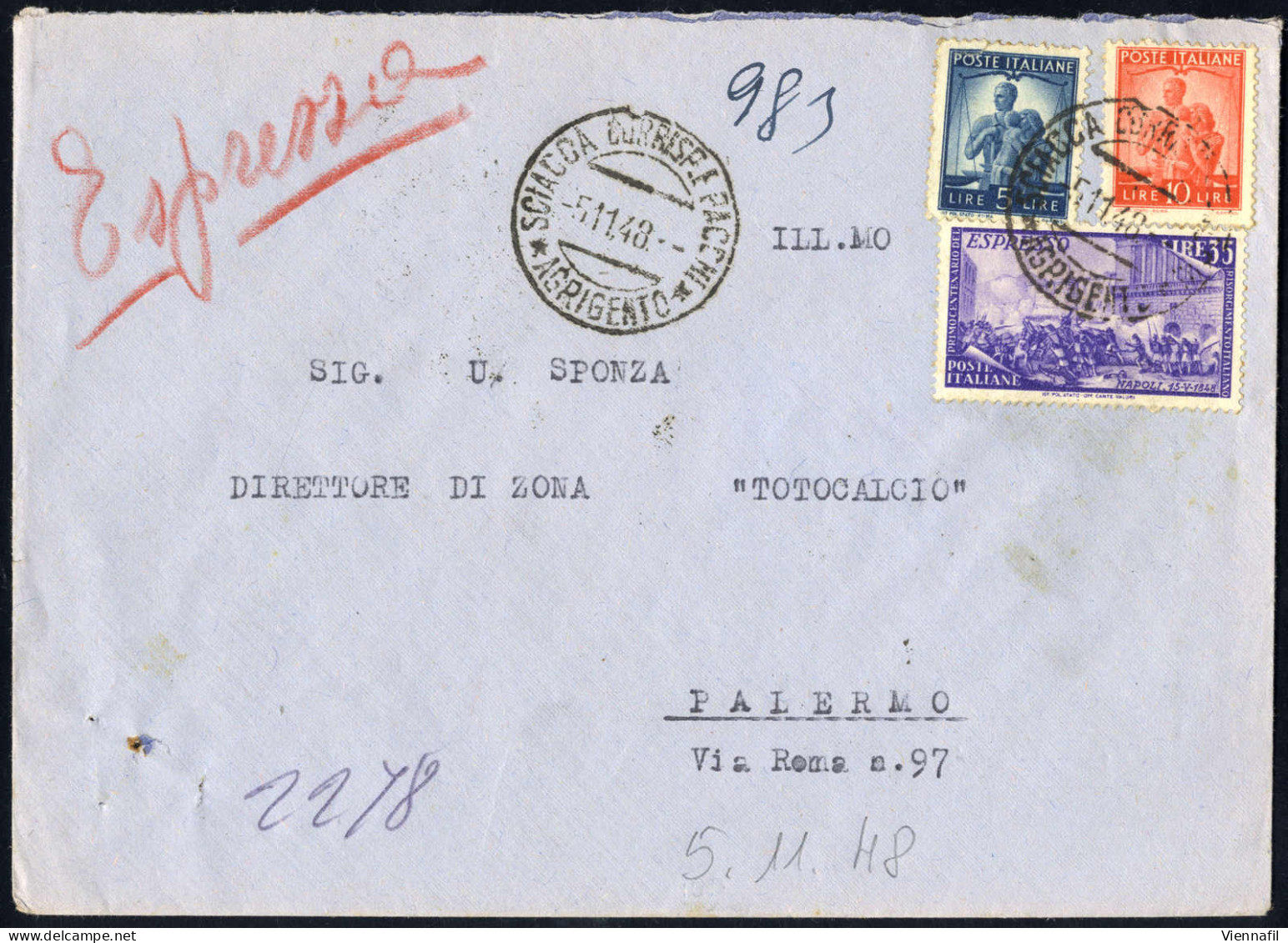 Cover 1948-49, IV Periodo Tariffario, Lettera Espresso Affrancata Per 50 Lire Da Sciacca Il 5.11.48. Per Palermo, Sass.  - Other & Unclassified