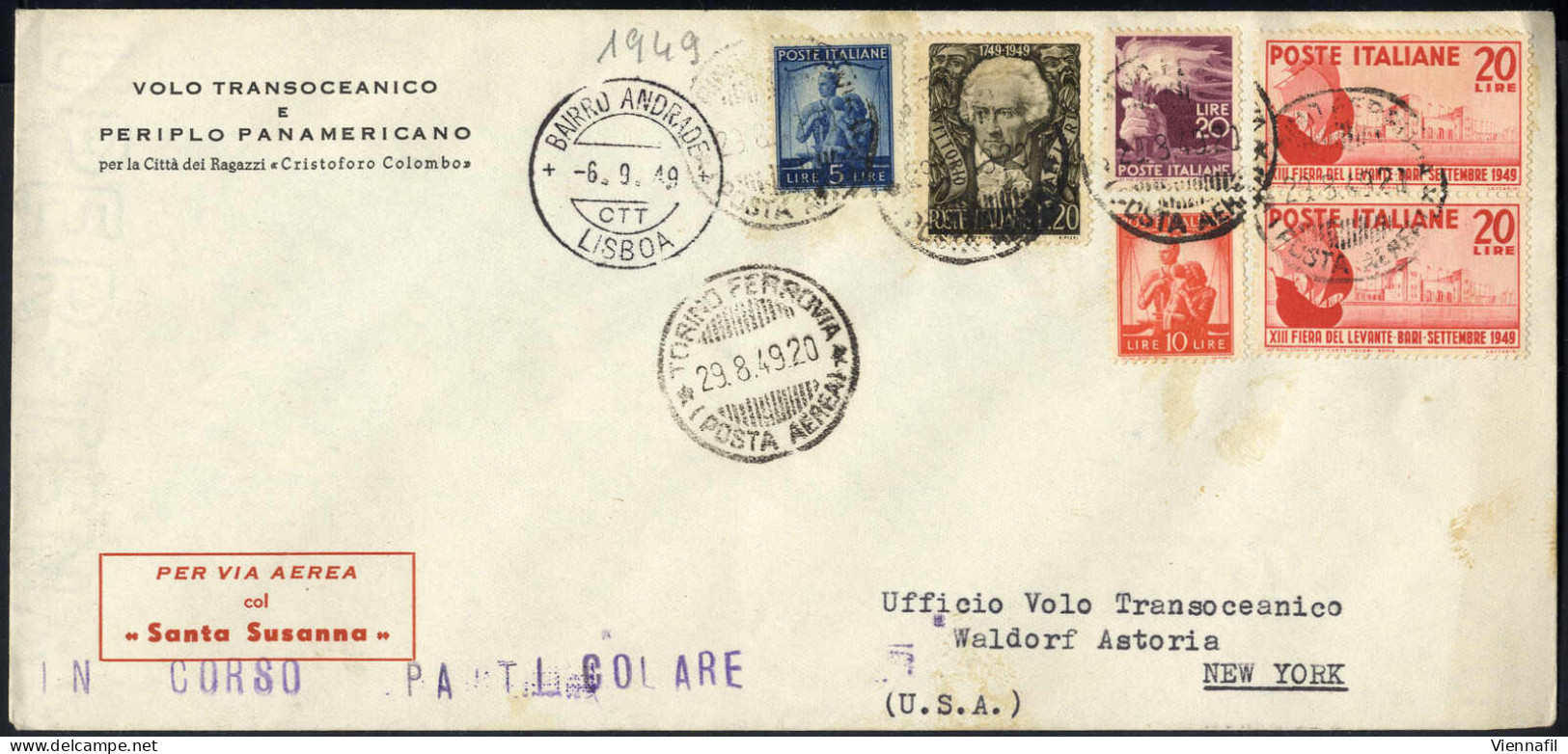 Cover 1949, Lettera Di Posta Aerea Del 29.8.1949 Da Torino Via Lisbona Per New York, Affrancata Con Democratica 5 + 10 + - Sonstige & Ohne Zuordnung