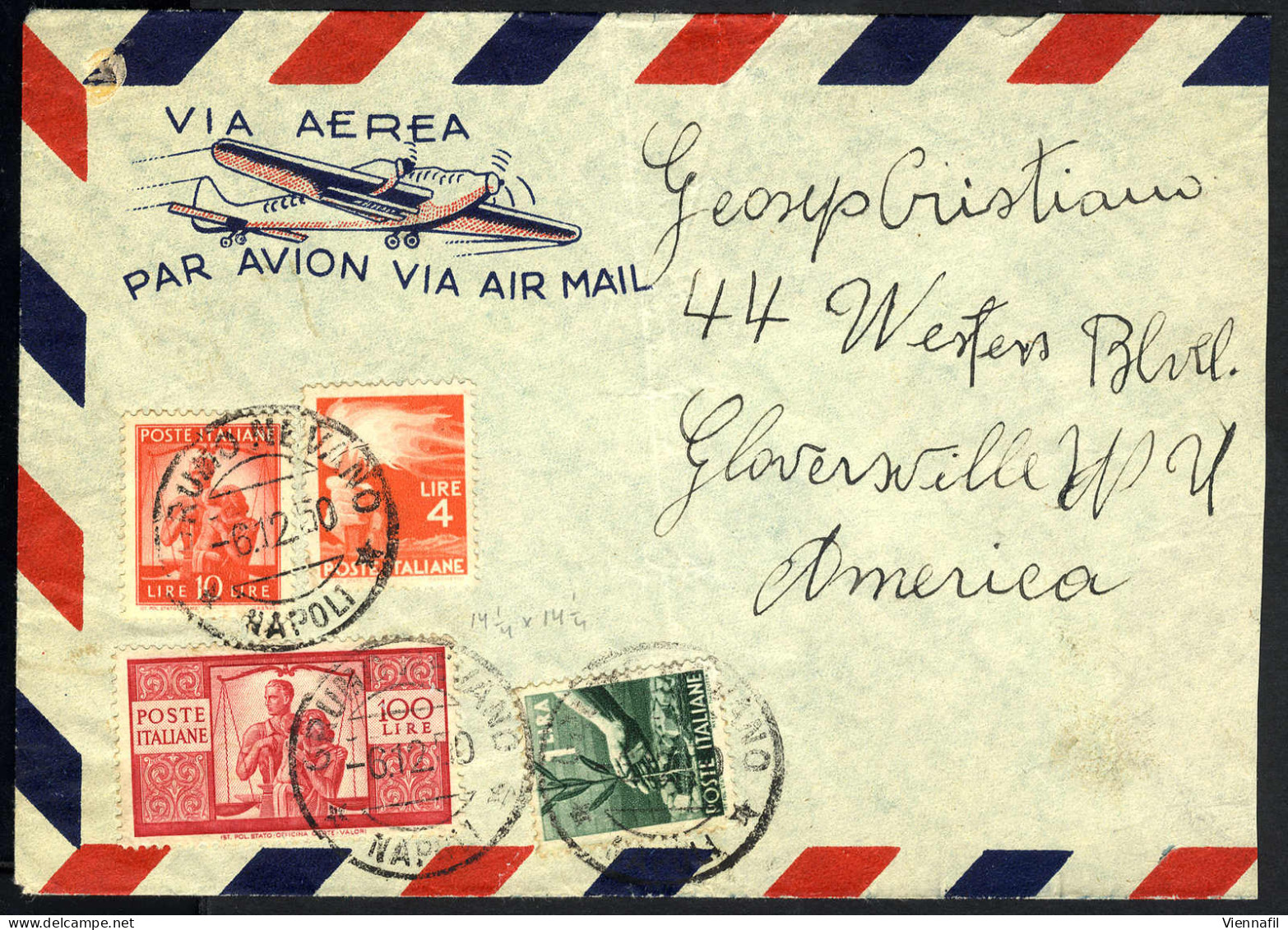 Cover 1950, 100 Lire Democratica, Lettera Da Grumo Nevano 6.12.1950 Per Gloversville Affrancata Per 115 Lire Con Sass. 5 - Other & Unclassified