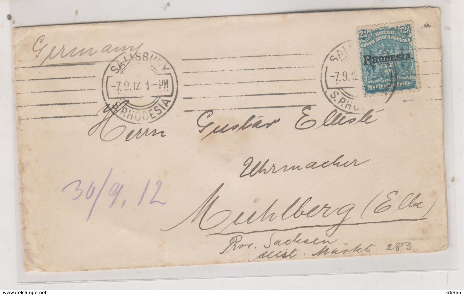 SOUTHERN RHODESIA 1912 SALISBURY Nice Cover To Germany - Southern Rhodesia (...-1964)