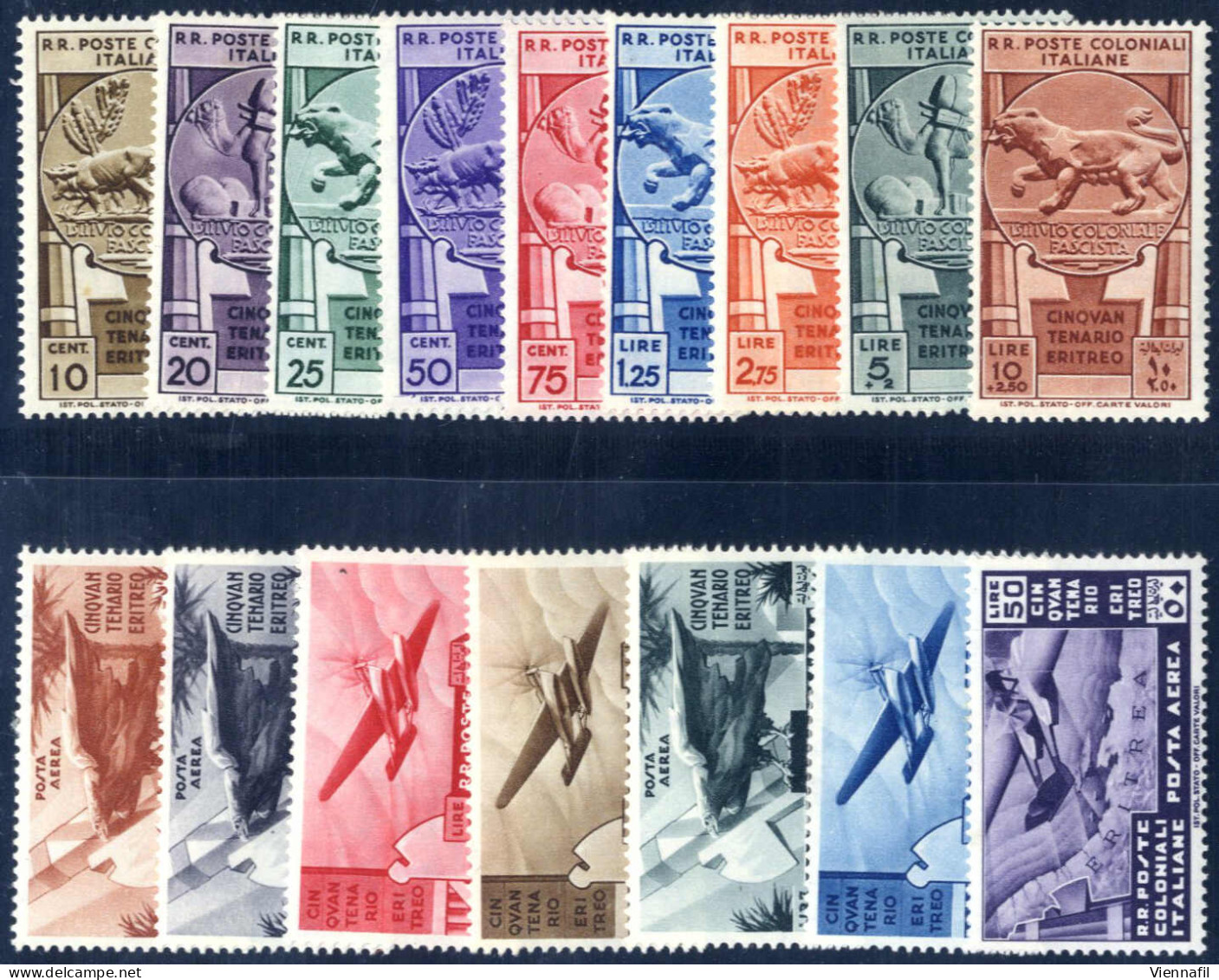 * 1933, Cinquantenario Eritreo, Serie Completa Di Posta Ordinaria E Aerea, Nuova Con Gomma Originale E Traccia Di Lingue - General Issues